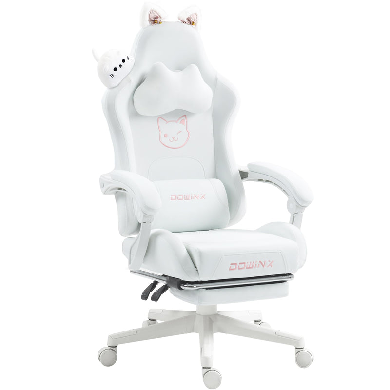 Dowinx Gaming Stuhl - Süße Katze Edition - Ergonomischer Computerstuhl mit Hoher Rückenlehne und Lendenwirbelstütze, PU-Leder, Fußstütze, Weiße Katze