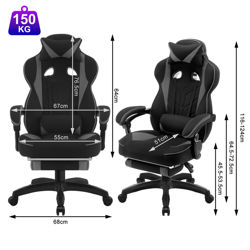 WOLTU Gaming Stuhl Stoff Stoff Kühl im Sommer Ergonomischer, 150 kg Belastbarkeit Verstellbarer Rückenlehne, Ergonomische Lendenstütze, Fußstütze, Büro- & Game-Sessel, Schwarz+Grau
