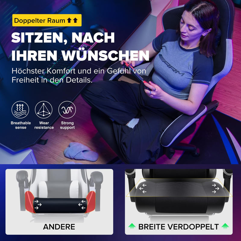 GTPLAYER Gaming Stuhl Ergonomischer Gaming Sessel Schreibtischstuhl mit Stoffoberfläche, Federsitzkissen, Verbindungsarmlehnen und Fußstütze hellschwarz