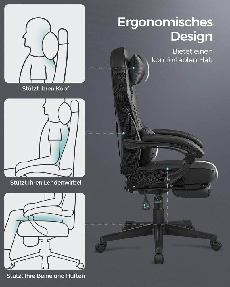 SONGMICS Bürostuhl, Schreibtischstuhl, ausziehbare Fußstütze, Kopfkissen, Lendenkissen, höhenverstellbar, ergonomisch, neigbare Rückenlehne, bis 150 kg belastbar, tintenschwarz OBG073B05