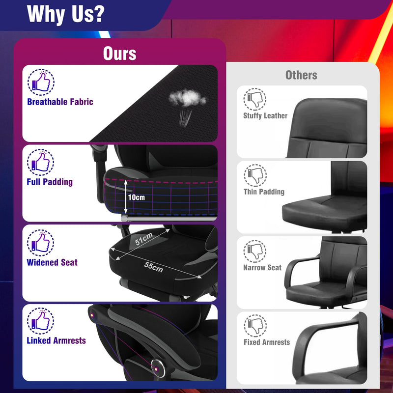 WOLTU Gaming Stuhl Stoff Stoff Kühl im Sommer Ergonomischer, 150 kg Belastbarkeit Verstellbarer Rückenlehne, Ergonomische Lendenstütze, Fußstütze, Büro- & Game-Sessel, Schwarz+Grau