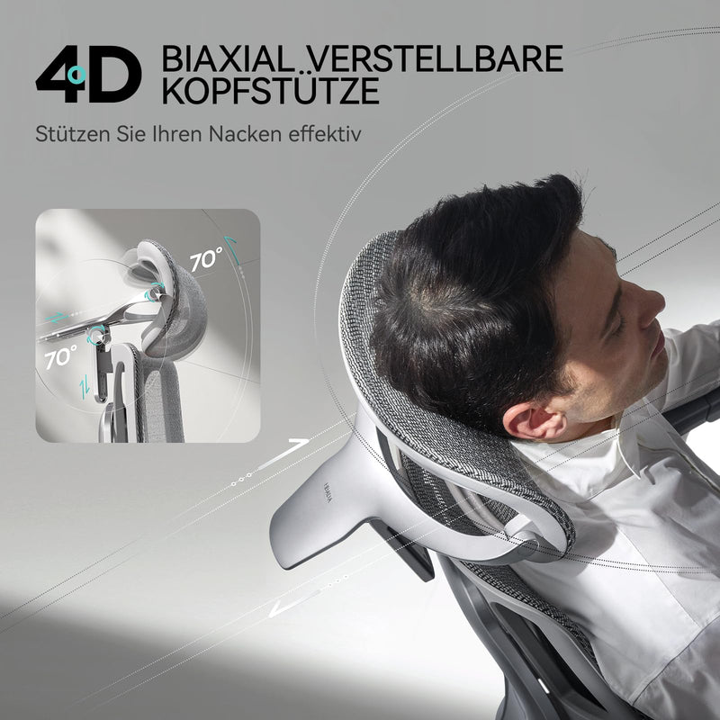 Hbada E3 Pro Ergonomischer Bürostuhl mit 3-Zonen dynamischer Lendenwirbelstütze, 4D verstellbare Kopfstütze, 6D-Armlehnen verstellbar, Schreibtischstuhl mit Fußstütze, Grau