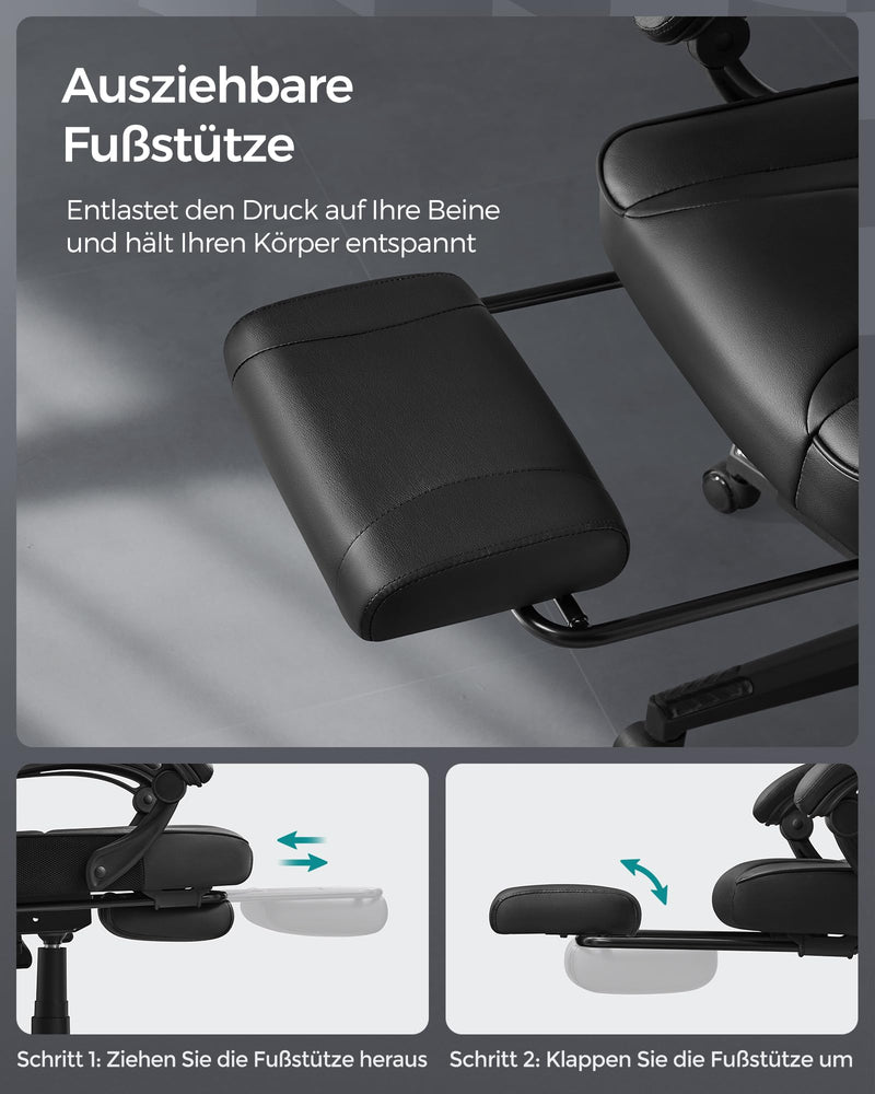 SONGMICS Bürostuhl, Schreibtischstuhl, ausziehbare Fußstütze, Kopfkissen, Lendenkissen, höhenverstellbar, ergonomisch, neigbare Rückenlehne, bis 150 kg belastbar, tintenschwarz OBG073B05