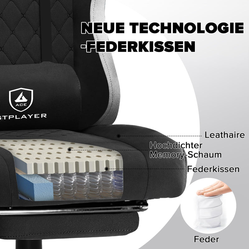 GTPLAYER Gaming Stuhl Ergonomischer Gaming Sessel Schreibtischstuhl mit Stoffoberfläche, Federsitzkissen, Verbindungsarmlehnen und Fußstütze hellschwarz