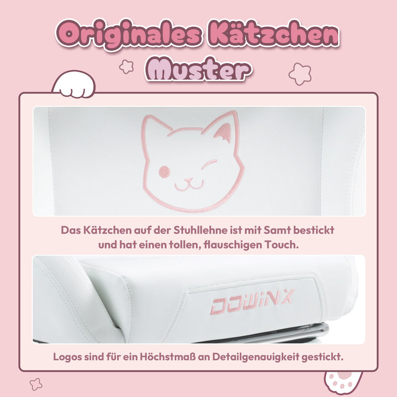 Dowinx Gaming Stuhl - Süße Katze Edition - Ergonomischer Computerstuhl mit Hoher Rückenlehne und Lendenwirbelstütze, PU-Leder, Fußstütze, Weiße Katze