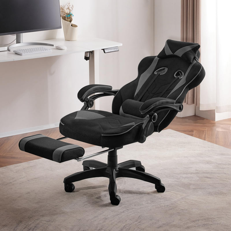 WOLTU Gaming Stuhl Stoff Stoff Kühl im Sommer Ergonomischer, 150 kg Belastbarkeit Verstellbarer Rückenlehne, Ergonomische Lendenstütze, Fußstütze, Büro- & Game-Sessel, Schwarz+Grau