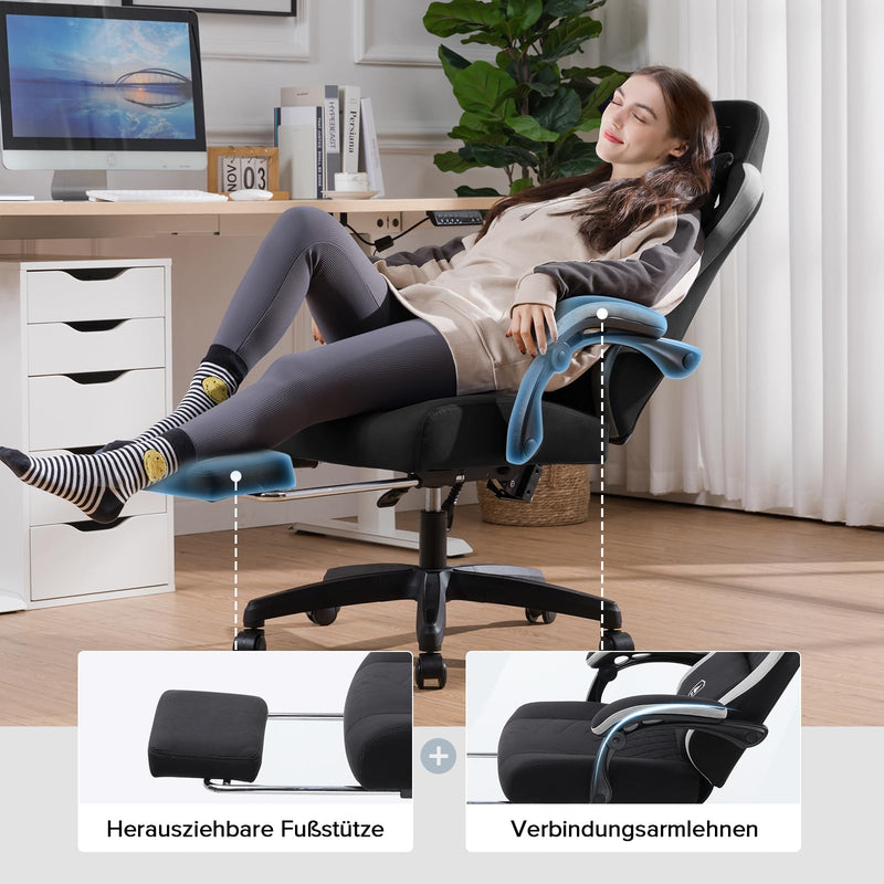 GTPLAYER Gaming Stuhl Ergonomischer Gaming Sessel Schreibtischstuhl mit Stoffoberfläche, Federsitzkissen, Verbindungsarmlehnen und Fußstütze hellschwarz