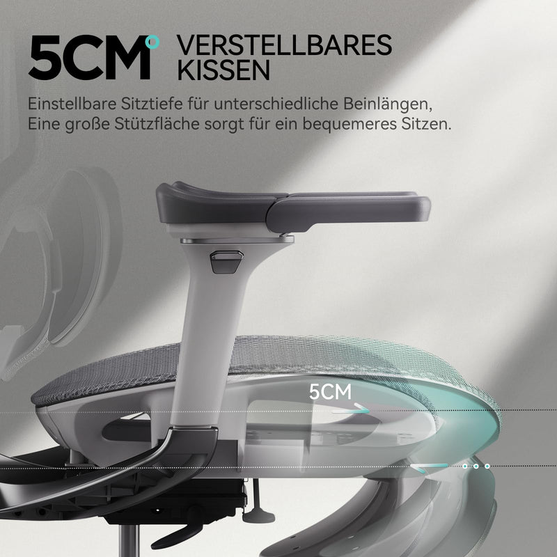 Hbada E3 Pro Ergonomischer Bürostuhl mit 3-Zonen dynamischer Lendenwirbelstütze, 4D verstellbare Kopfstütze, 6D-Armlehnen verstellbar, Schreibtischstuhl mit Fußstütze, Grau