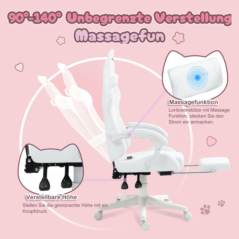 Dowinx Gaming Stuhl - Süße Katze Edition - Ergonomischer Computerstuhl mit Hoher Rückenlehne und Lendenwirbelstütze, PU-Leder, Fußstütze, Weiße Katze