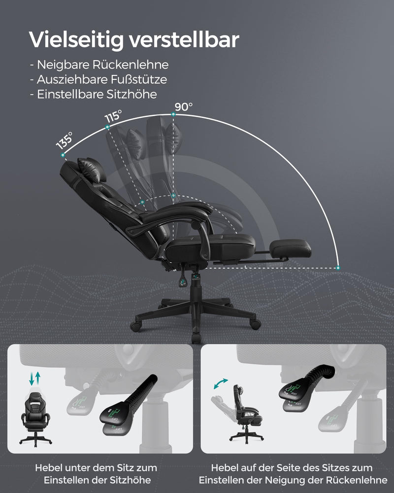 SONGMICS Bürostuhl, Schreibtischstuhl, ausziehbare Fußstütze, Kopfkissen, Lendenkissen, höhenverstellbar, ergonomisch, neigbare Rückenlehne, bis 150 kg belastbar, tintenschwarz OBG073B05