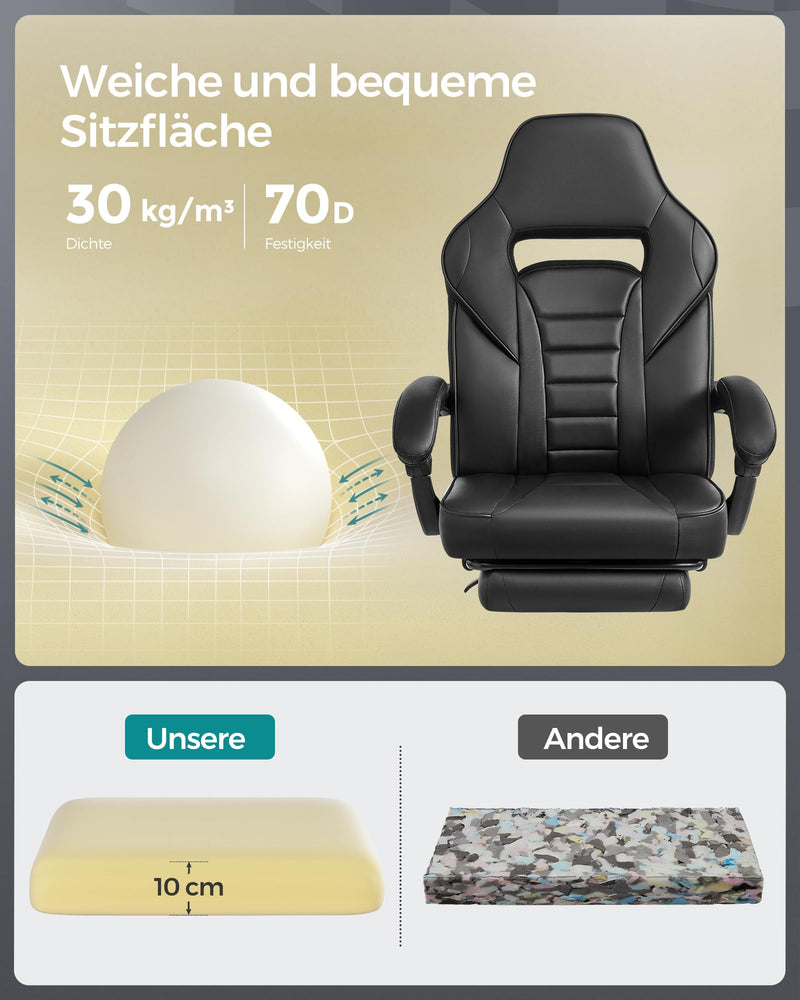 SONGMICS Bürostuhl, Schreibtischstuhl, ausziehbare Fußstütze, Kopfkissen, Lendenkissen, höhenverstellbar, ergonomisch, neigbare Rückenlehne, bis 150 kg belastbar, tintenschwarz OBG073B05