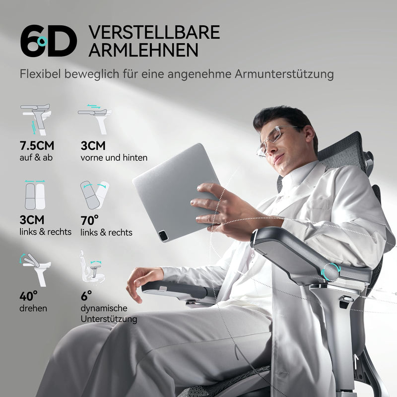 Hbada E3 Pro Ergonomischer Bürostuhl mit 3-Zonen dynamischer Lendenwirbelstütze, 4D verstellbare Kopfstütze, 6D-Armlehnen verstellbar, Schreibtischstuhl mit Fußstütze, Grau