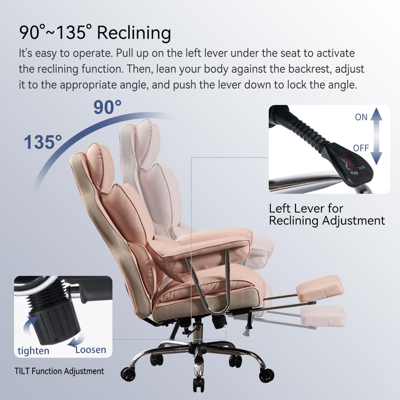 Efomao bürostuhl ergonomisch, PU Leder Chefsessel, bürostuhl 200 kg mit Fußstütze und Lendenwirbelstütze, Verstellbarer Stuhl mit hoher Rückenlehne, blassrosa