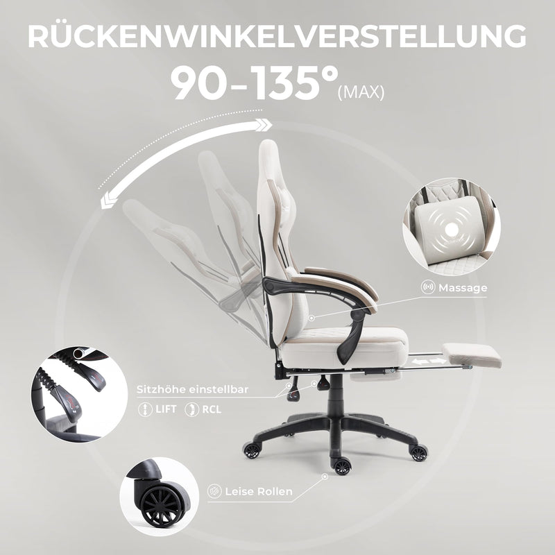 Dowinx Gaming Stuhl Stoff, Massage Gaming Sessel mit Fußstütze, Ergonomischer PC Stuhl Gamer Stuhl Bürostuhl 150 kg belastbarkeit, Beige