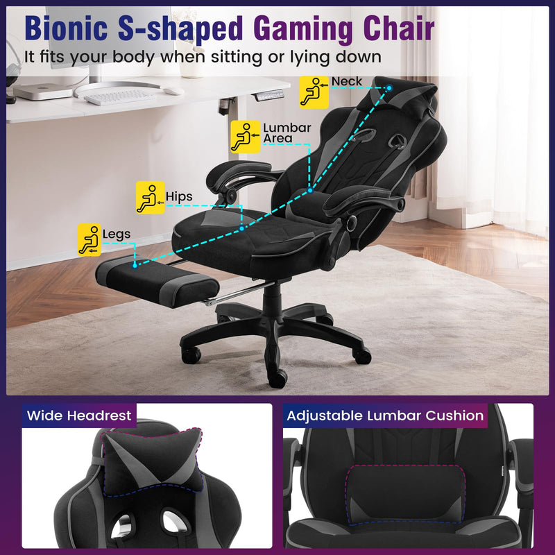 WOLTU Gaming Stuhl Stoff Stoff Kühl im Sommer Ergonomischer, 150 kg Belastbarkeit Verstellbarer Rückenlehne, Ergonomische Lendenstütze, Fußstütze, Büro- & Game-Sessel, Schwarz+Grau