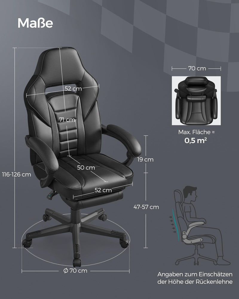 SONGMICS Bürostuhl, Schreibtischstuhl, ausziehbare Fußstütze, Kopfkissen, Lendenkissen, höhenverstellbar, ergonomisch, neigbare Rückenlehne, bis 150 kg belastbar, tintenschwarz OBG073B05