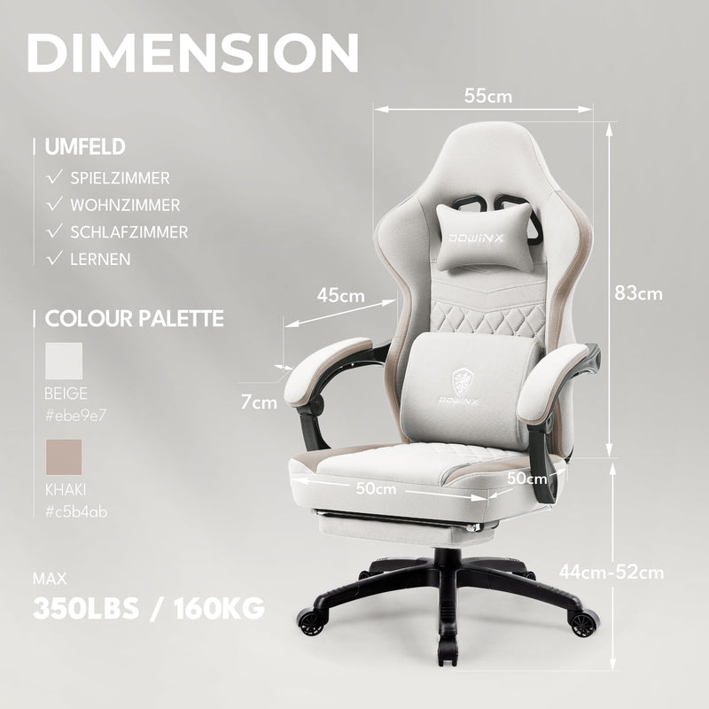Dowinx Gaming Stuhl Stoff, Massage Gaming Sessel mit Fußstütze, Ergonomischer PC Stuhl Gamer Stuhl Bürostuhl 150 kg belastbarkeit, Beige