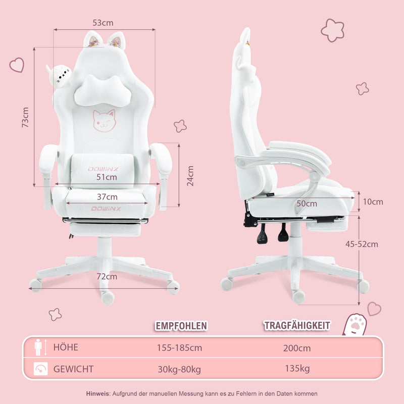 Dowinx Gaming Stuhl - Süße Katze Edition - Ergonomischer Computerstuhl mit Hoher Rückenlehne und Lendenwirbelstütze, PU-Leder, Fußstütze, Weiße Katze