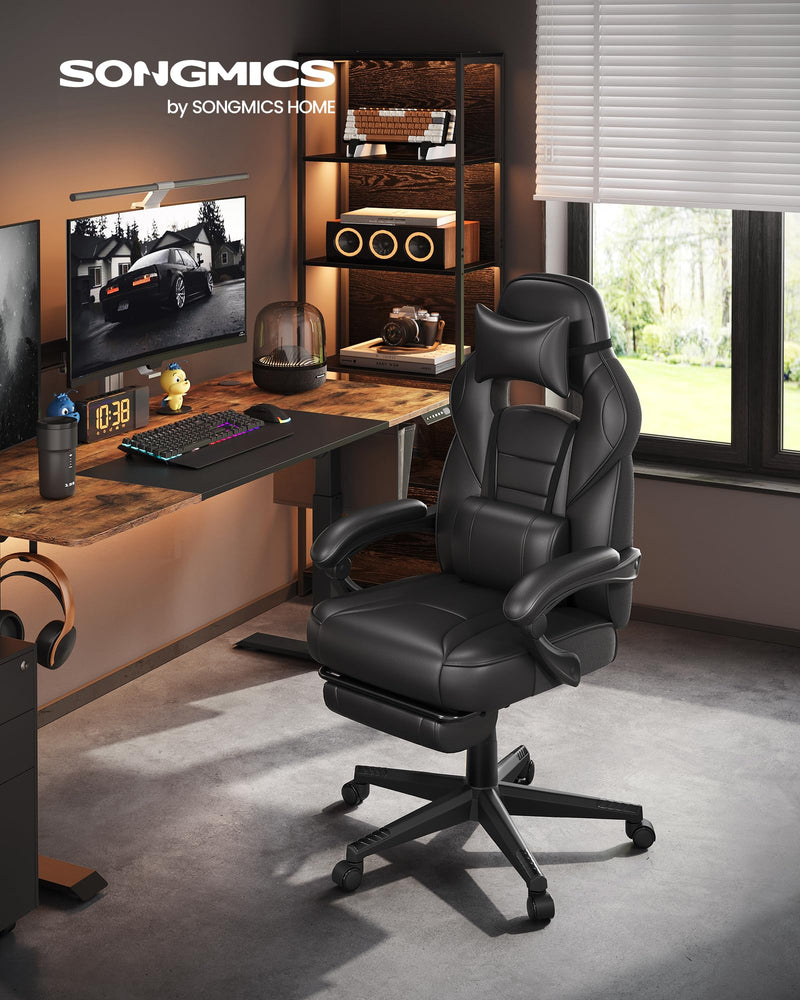 SONGMICS Bürostuhl, Schreibtischstuhl, ausziehbare Fußstütze, Kopfkissen, Lendenkissen, höhenverstellbar, ergonomisch, neigbare Rückenlehne, bis 150 kg belastbar, tintenschwarz OBG073B05
