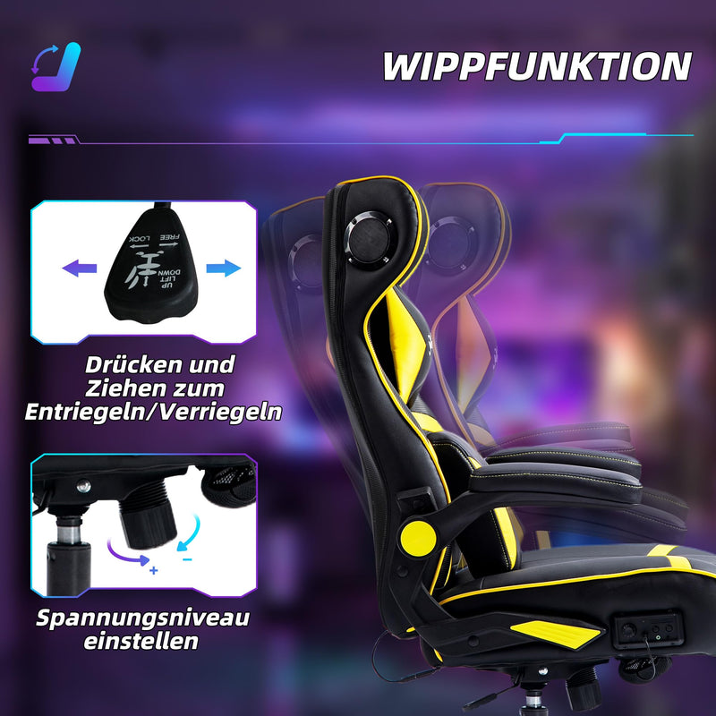 Vinsetto Gaming Stuhl mit Wippen- und Schkelfunktion, ergonomischer Computerstuhl, höhenverstellbar, drehbar Schreibtischstuhl mit Lautsprecher, bis 120 kg belastbar, Schwarz+Gelb