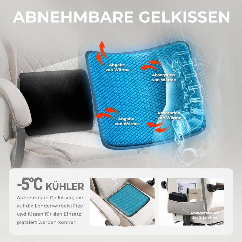 Dowinx Gaming Stuhl Stoff, Massage Gaming Sessel mit Fußstütze, Ergonomischer PC Stuhl Gamer Stuhl Bürostuhl 150 kg belastbarkeit, Beige