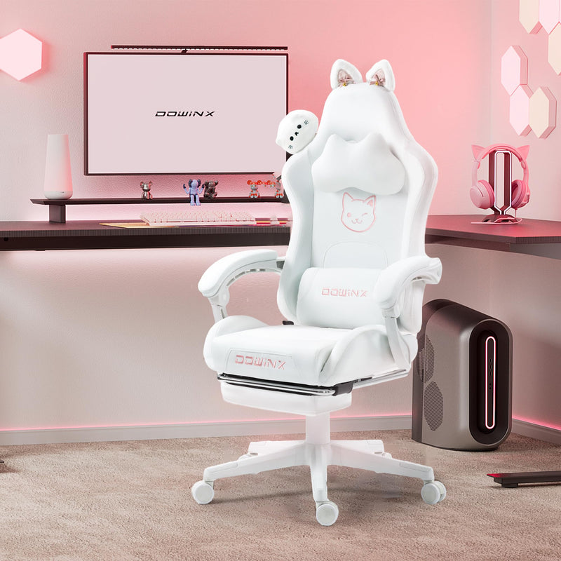 Dowinx Gaming Stuhl - Süße Katze Edition - Ergonomischer Computerstuhl mit Hoher Rückenlehne und Lendenwirbelstütze, PU-Leder, Fußstütze, Weiße Katze