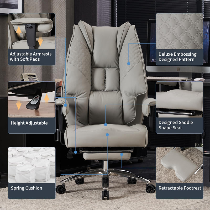 EXCEBET Bürostuhl Ergonomisch, Chefsessel mit Hoher Rückenlehne, Verstellbaren Armlehnen und Breitem Sitz, PU Leder Drehstuhl, Höhenverstellbar Schreibtischstuhl, Belastbar bis 200 kg (HELLGRAU)
