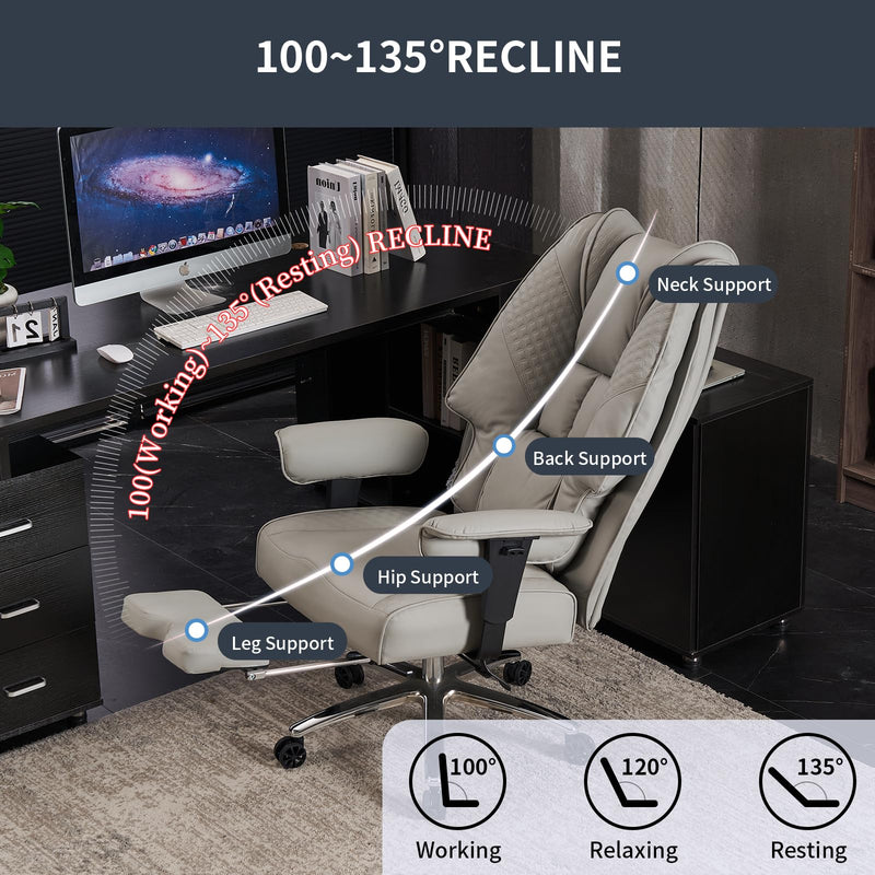 EXCEBET Bürostuhl Ergonomisch, Chefsessel mit Hoher Rückenlehne, Verstellbaren Armlehnen und Breitem Sitz, PU Leder Drehstuhl, Höhenverstellbar Schreibtischstuhl, Belastbar bis 200 kg (HELLGRAU)