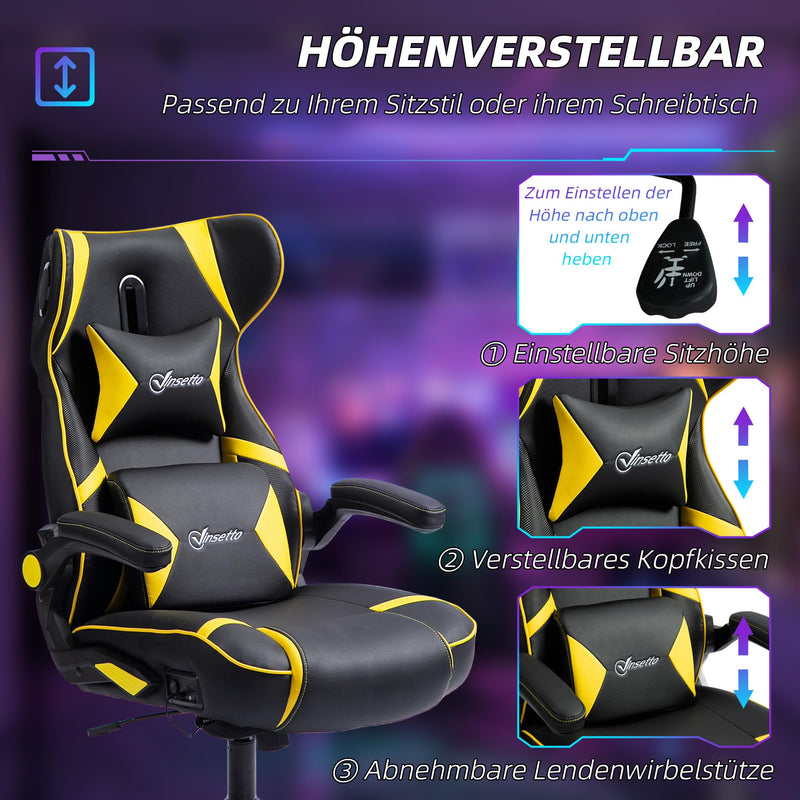 Vinsetto Gaming Stuhl mit Wippen- und Schkelfunktion, ergonomischer Computerstuhl, höhenverstellbar, drehbar Schreibtischstuhl mit Lautsprecher, bis 120 kg belastbar, Schwarz+Gelb