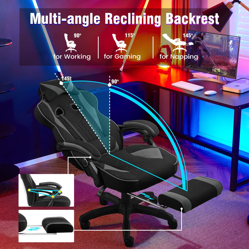 WOLTU Gaming Stuhl Stoff Stoff Kühl im Sommer Ergonomischer, 150 kg Belastbarkeit Verstellbarer Rückenlehne, Ergonomische Lendenstütze, Fußstütze, Büro- & Game-Sessel, Schwarz+Grau
