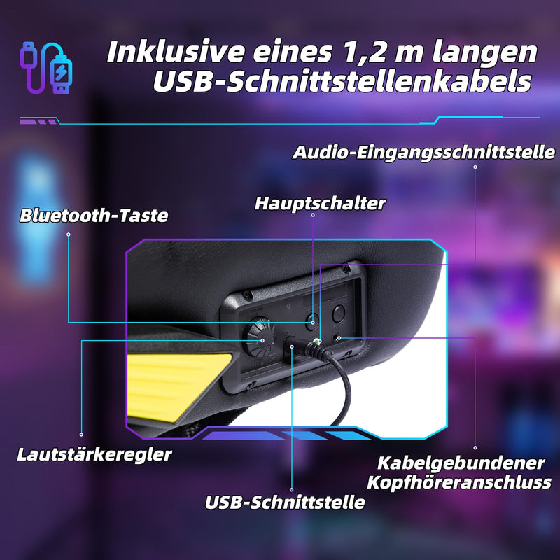 Vinsetto Gaming Stuhl mit Wippen- und Schkelfunktion, ergonomischer Computerstuhl, höhenverstellbar, drehbar Schreibtischstuhl mit Lautsprecher, bis 120 kg belastbar, Schwarz+Gelb