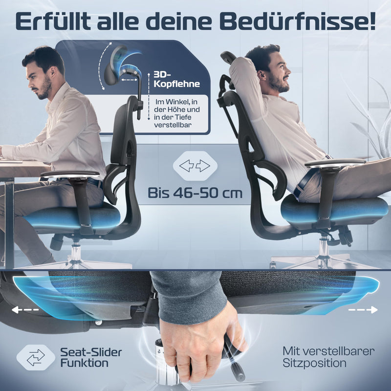 CLOUVOU ProSeat Bürostuhl Ergonomisch [TESTSIEGER] Schreibtischstuhl 100% individuell einstellbar | Büro Stuhl & Gaming Stuhl | Computerstuhl Home Office Chair Ergonomic | Drehstuhl 150 kg