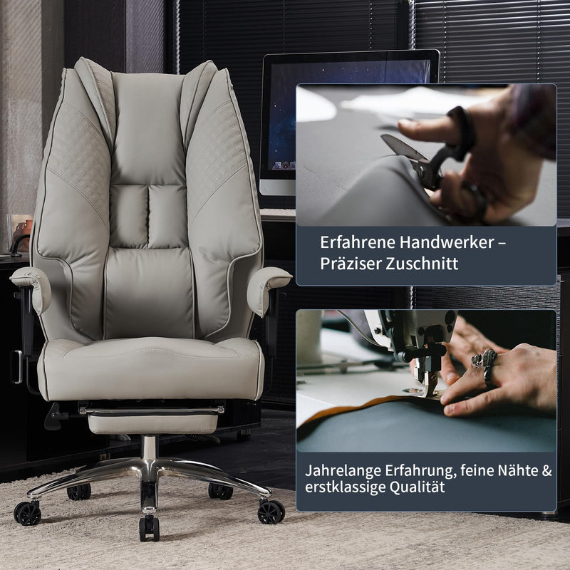 EXCEBET Bürostuhl Ergonomisch, Chefsessel mit Hoher Rückenlehne, Verstellbaren Armlehnen und Breitem Sitz, PU Leder Drehstuhl, Höhenverstellbar Schreibtischstuhl, Belastbar bis 200 kg (HELLGRAU)