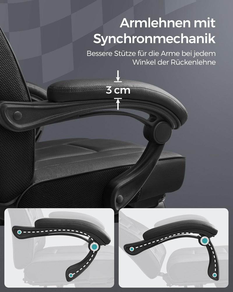 SONGMICS Bürostuhl, Schreibtischstuhl, ausziehbare Fußstütze, Kopfkissen, Lendenkissen, höhenverstellbar, ergonomisch, neigbare Rückenlehne, bis 150 kg belastbar, tintenschwarz OBG073B05