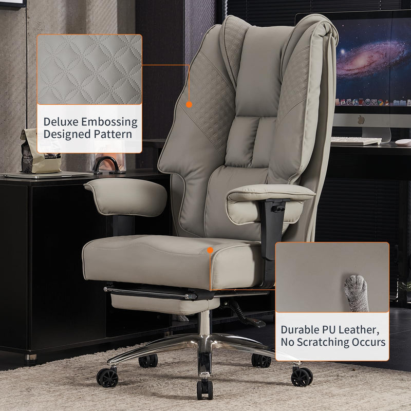 EXCEBET Bürostuhl Ergonomisch, Chefsessel mit Hoher Rückenlehne, Verstellbaren Armlehnen und Breitem Sitz, PU Leder Drehstuhl, Höhenverstellbar Schreibtischstuhl, Belastbar bis 200 kg (HELLGRAU)